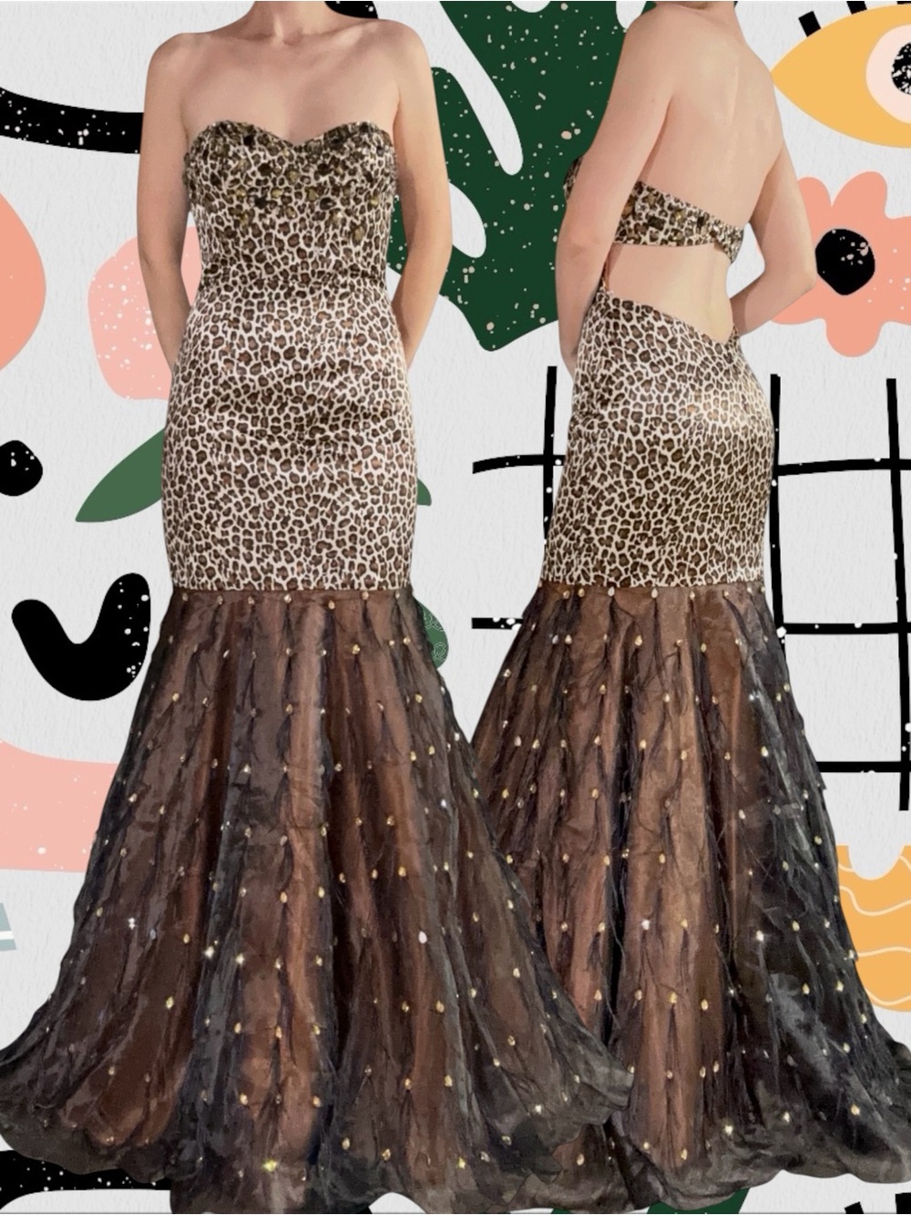 Party Time | Y2K Satin Leopard Print Rhinestone Feathered Prom Dress
